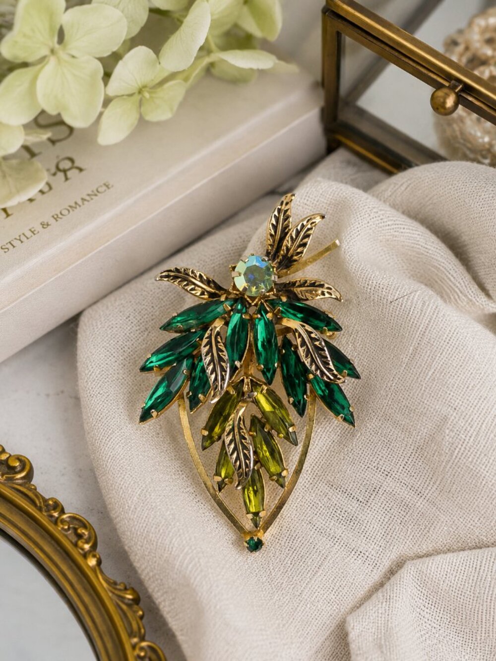 Vintage Austria Green Navette Rhinestone Floral Spray Brooch Gold Tone Pin